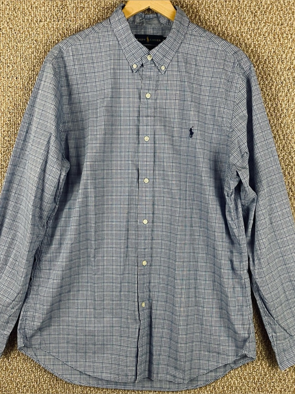 Polo Ralph Lauren Shirt Men's XL Slim Fit Cotton Stretch Blue Plaid Button E268